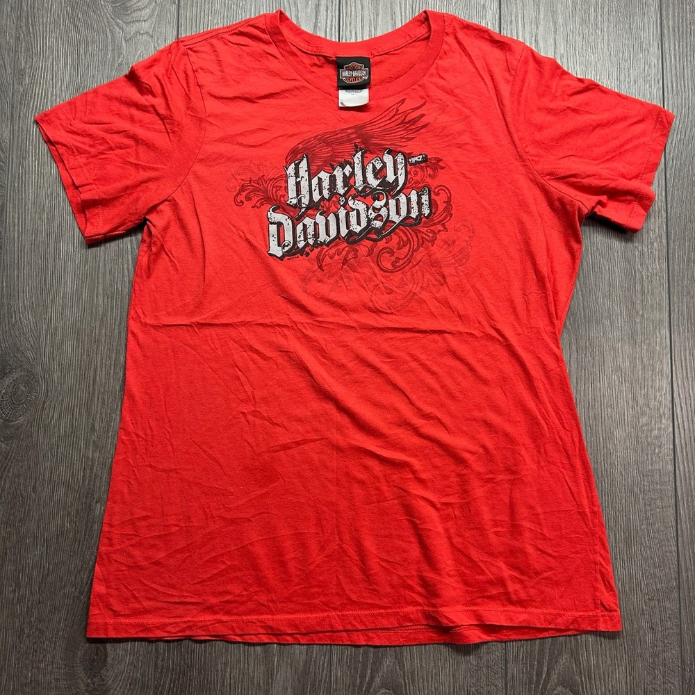 Harley Davidson Womens Red Graphic T-Shirt Y2K Wings Brandts Wabash IN 1X